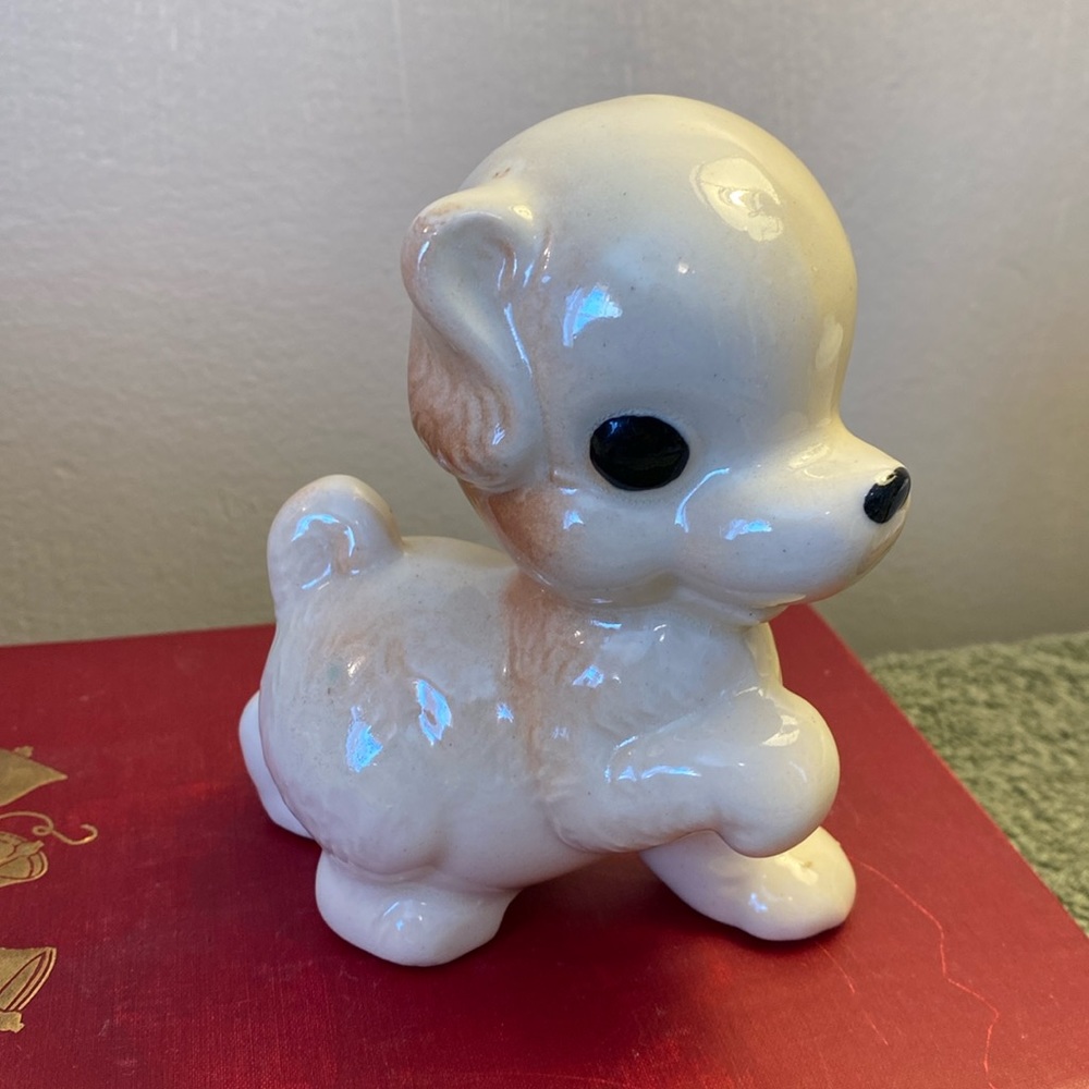 Vintage Rempel Diamond Pottery Prancing Brown Pup Figurine Big Eyes